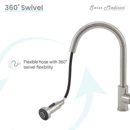 Single-handle pull-down kitchen faucet in brushed nickel with flexible hose and 360° swivel.