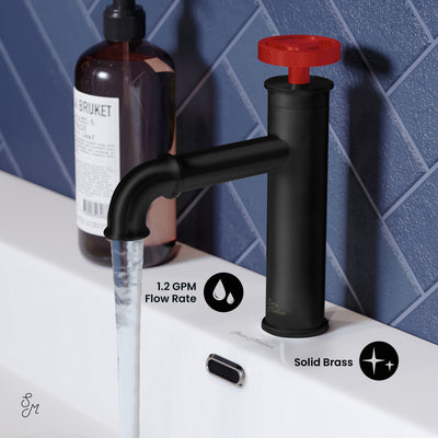 Avallon Single Hole, Single-Handle, Bathroom Faucet in Matte Black with Red Handle