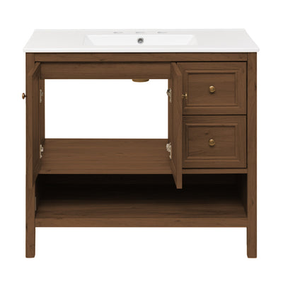 Château 36" Freestanding Bathroom Vanity in Brown Oak with 3-Hole Widespread Sink Top