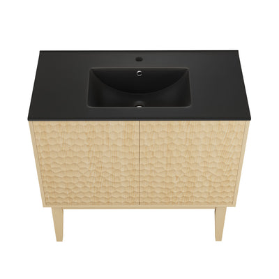 Bosse 36" Freestanding Bathroom Vanity in Natural Oak with Black Sink Top