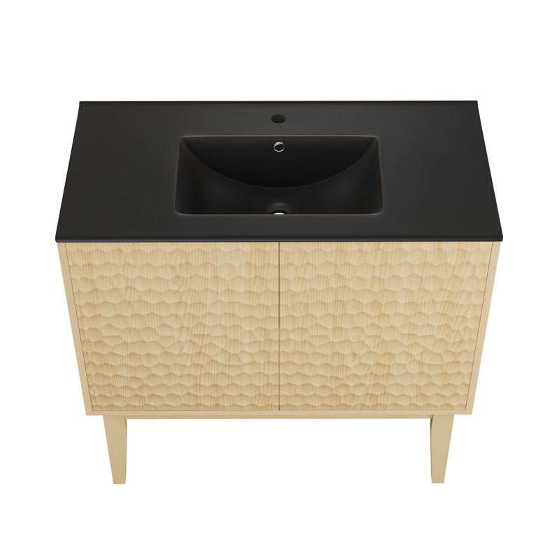 Bosse 36" Freestanding Bathroom Vanity in Natural Oak with Black Sink Top