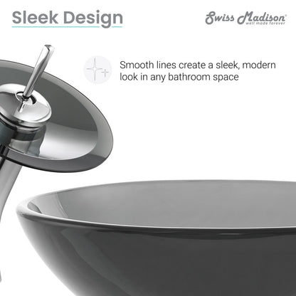 16.5-inch black glass vessel sink with single-handle chrome faucet, modern sleek design.