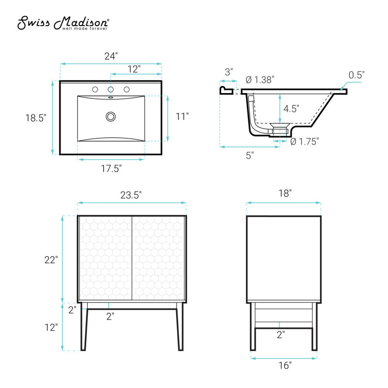 Bosse 24" Freestanding Bathroom Vanity in Black Oak with Black 3-Hole Centerset Sink Top