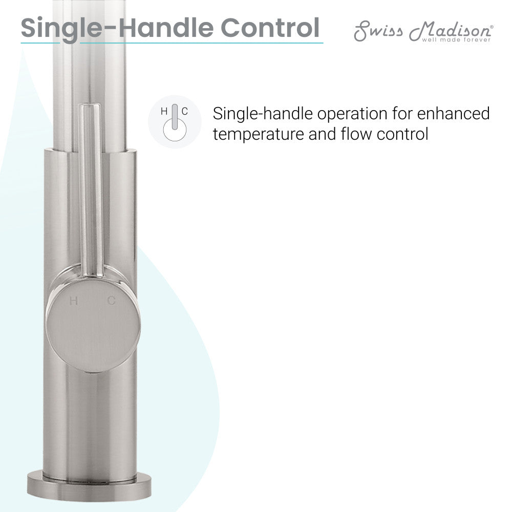 Single-handle pull-down kitchen faucet in brushed nickel with sleek cylindrical control lever.