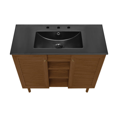 Bron 36" Freestanding Bathroom Vanity in Brown Oak with Black 3-Hole Widespread Sink Top