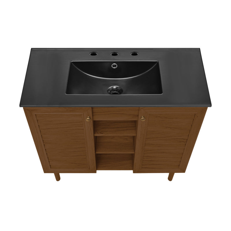 Bron 36" Freestanding Bathroom Vanity in Brown Oak with Black 3-Hole Widespread Sink Top