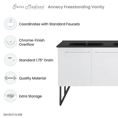 Annecy 60 in. White, Double Basin Bathroom Vanity With Black Artificial Stone Sink Top