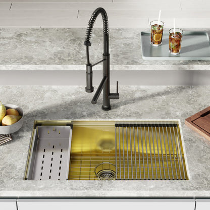 32-inch 18 gauge stainless steel undermount kitchen sink in polished gold with workstation accessories.