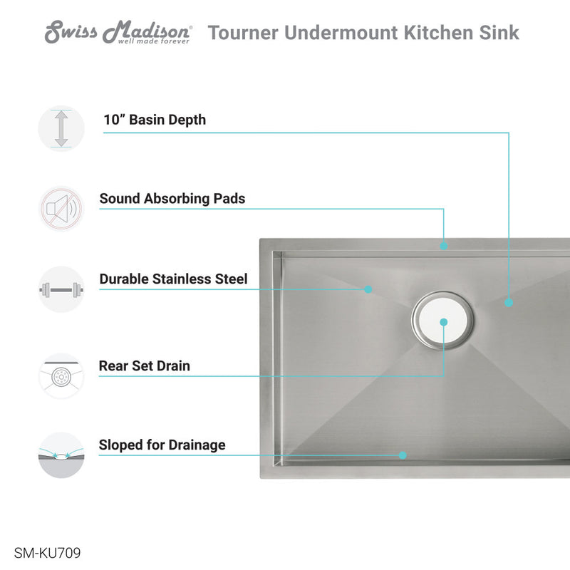 Tourner 27 x 19 Stainless Steel, Single Basin, Undermount Kitchen Sink