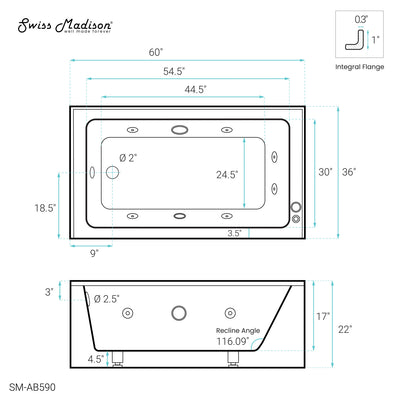 Avancer 60" x 36" Left-Hand Drain Rectangular Alcove Whirlpool Bathtub with Apron