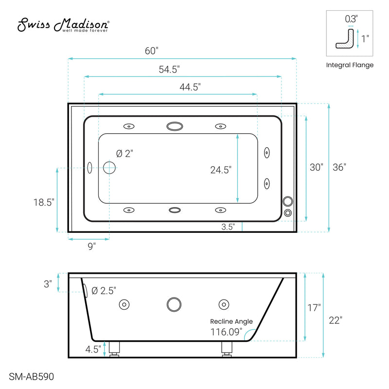 Avancer 60" x 36" Left-Hand Drain Rectangular Alcove Whirlpool Bathtub with Apron