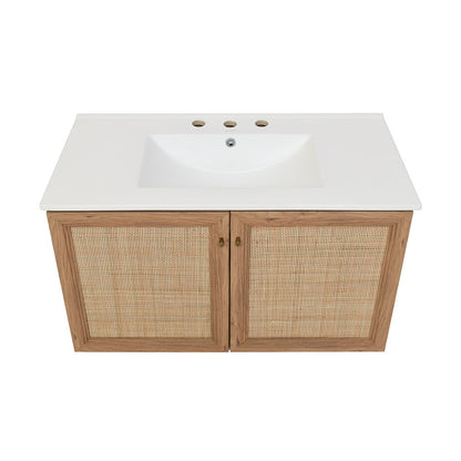 Classe 36 in. Brown Oak Wall Hung Bathroom Vanity With White, 3-Hole Ceramic Sink Top