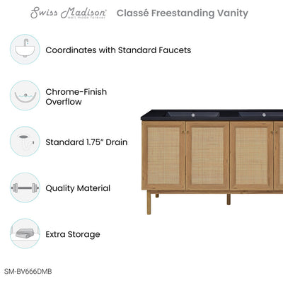 Classe 60" Freestanding Bathroom Vanity in Golden Oak with Black Double Basin Sink Top