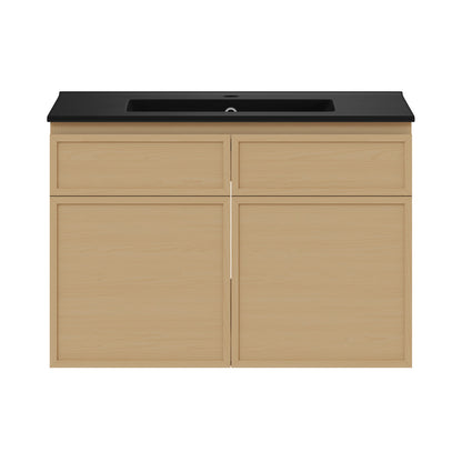 St. Tropez 30" Wall-Mounted Bathroom Vanity in Natural Oak with Black Sink Top