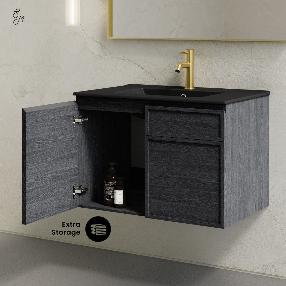 St. Tropez 30" Wall-Mounted Bathroom Vanity in Black Oak with Black Sink Top
