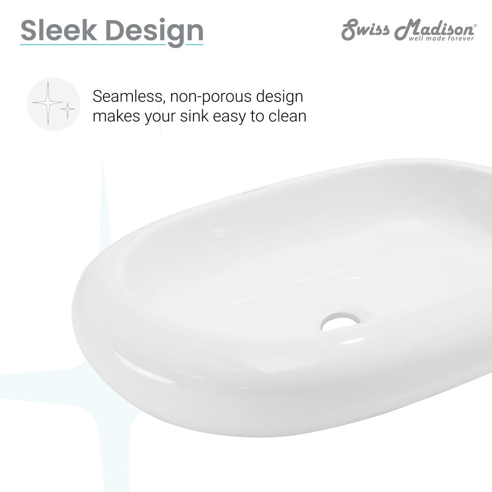 Oval vessel sink in white ceramic, seamless non-porous design, easy to clean.