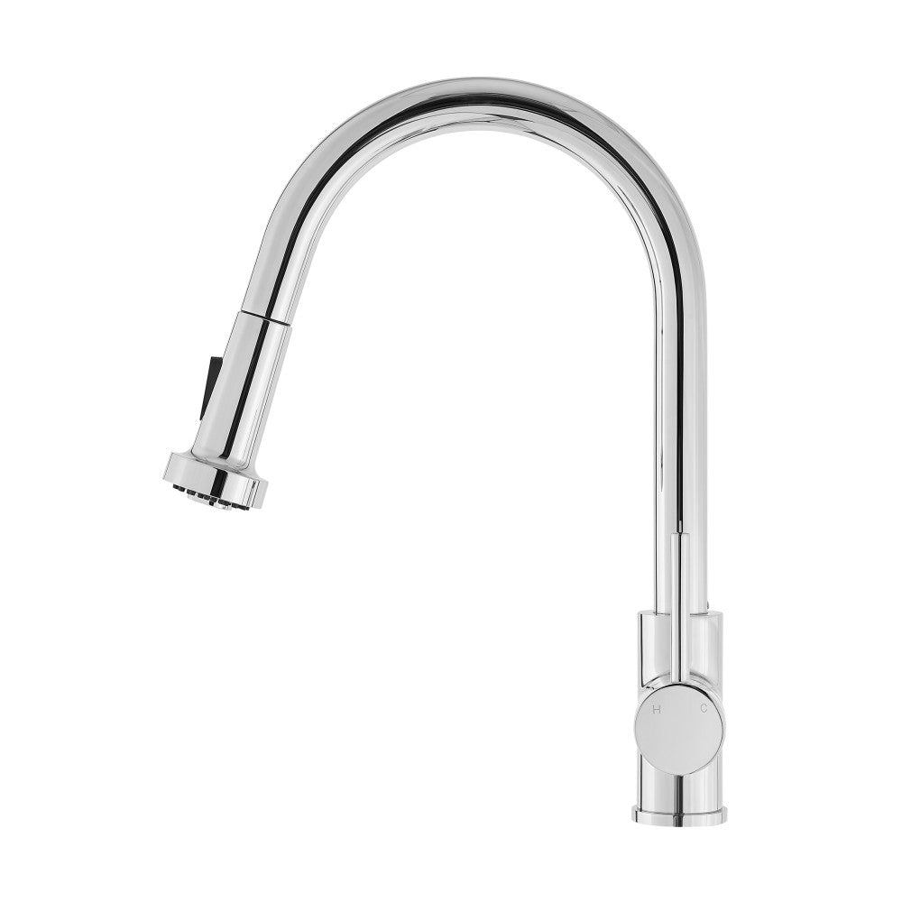 Single handle pull-down kitchen faucet in chrome with a high-arc spout and spray head.