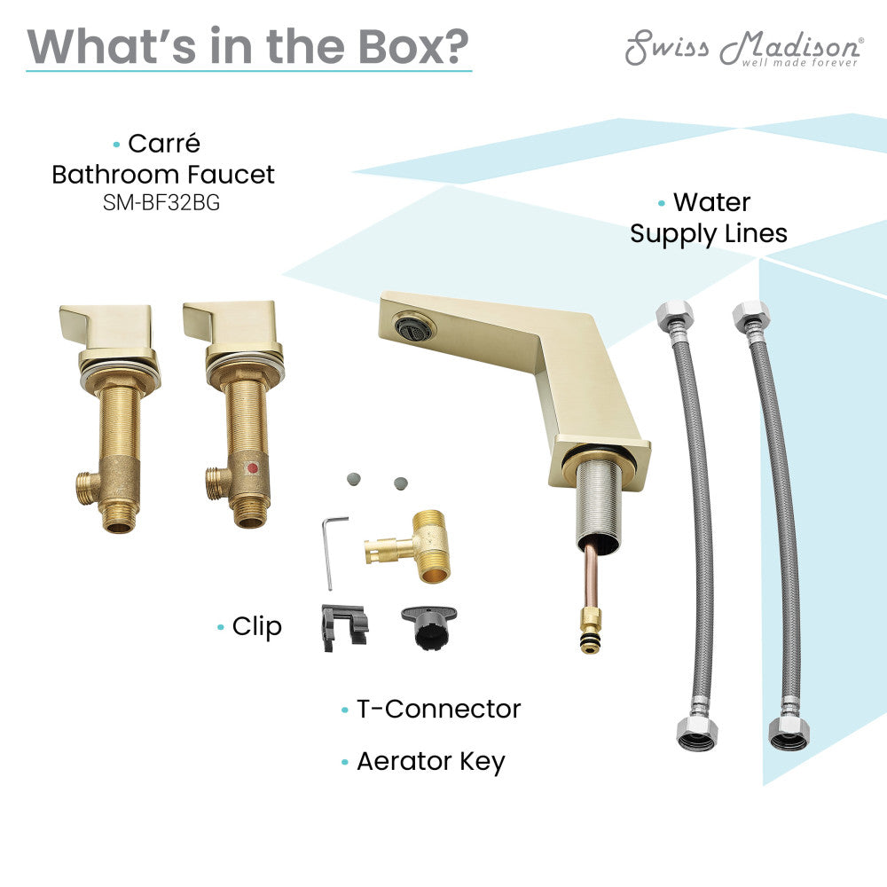 Widespread bathroom faucet in brushed gold with two handles and high-arc spout.