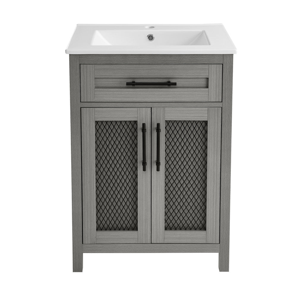 24-inch freestanding bathroom vanity in carbon gray with soft-close doors and metal mesh cabinet panels.