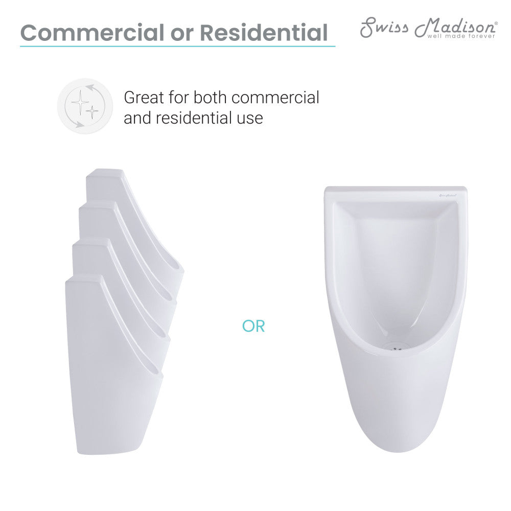 Wall-hung white waterless urinal with smooth curved design, Voltaire collection.