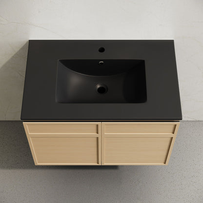 St. Tropez 30" Wall-Mounted Bathroom Vanity in Natural Oak with Black Sink Top