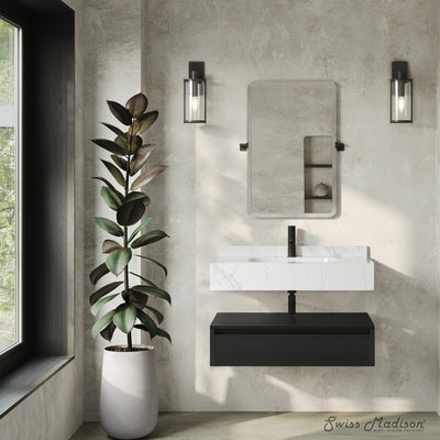 Avancer 36" Wall-Mounted Bathroom Vanity in Black Oak with White Marble Sink Top