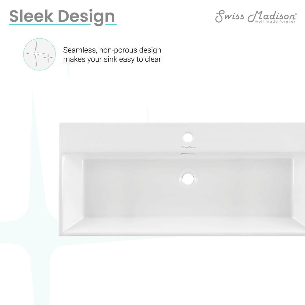 40-inch white rectangular wall-mount bathroom sink with seamless non-porous design and single faucet hole.