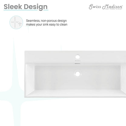 40-inch white rectangular wall-mount bathroom sink with seamless non-porous design and single faucet hole.