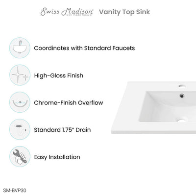 30" Ceramic Vanity Sink Top