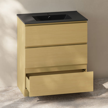 Liberte 30" Freestanding Bathroom Vanity in Natural Oak with Black Sink Top
