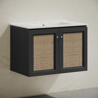 Classe 30" Wall-Mounted Bathroom Vanity in Black Oak with Widespread Faucet Holes Vanity Top