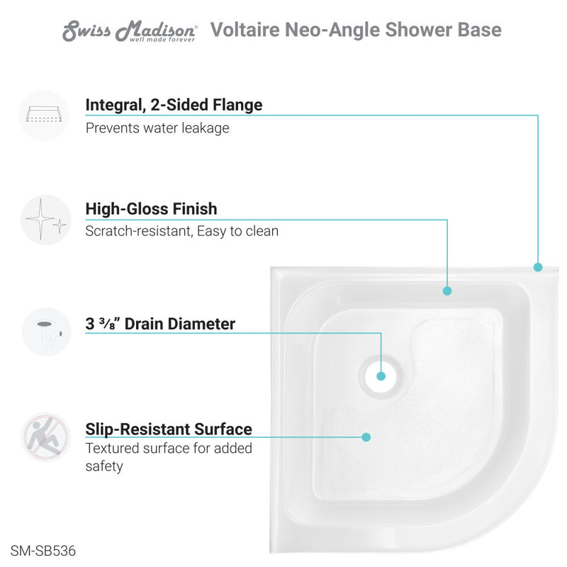 Voltaire 32 x 32 Acrylic White, Single-Threshold, Center Drain, Neo-angle Shower Base