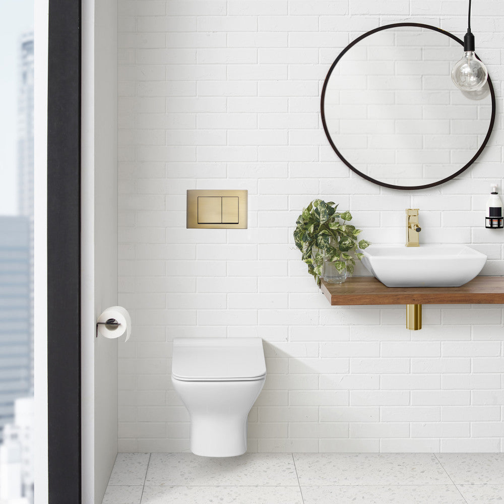 Concorde Wall Mount Dual Flush Actuator plate with Square Push Buttons in Brushed Brass