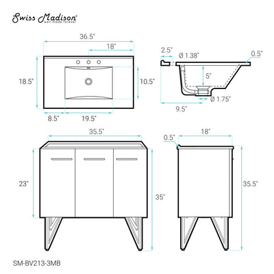 Annecy 36 in. White Bathroom Vanity With Black, 3-Hole Ceramic Sink Top