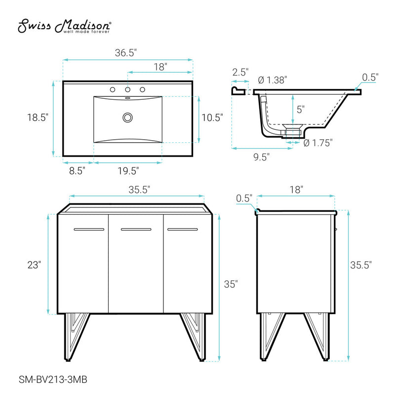 Annecy 36 in. White Bathroom Vanity With Black, 3-Hole Ceramic Sink Top