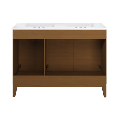 Cascade 48 in. Brown Oak, Double Basin Bathroom Vanity With White, 3-Hole Centerset Ceramic Sink Top