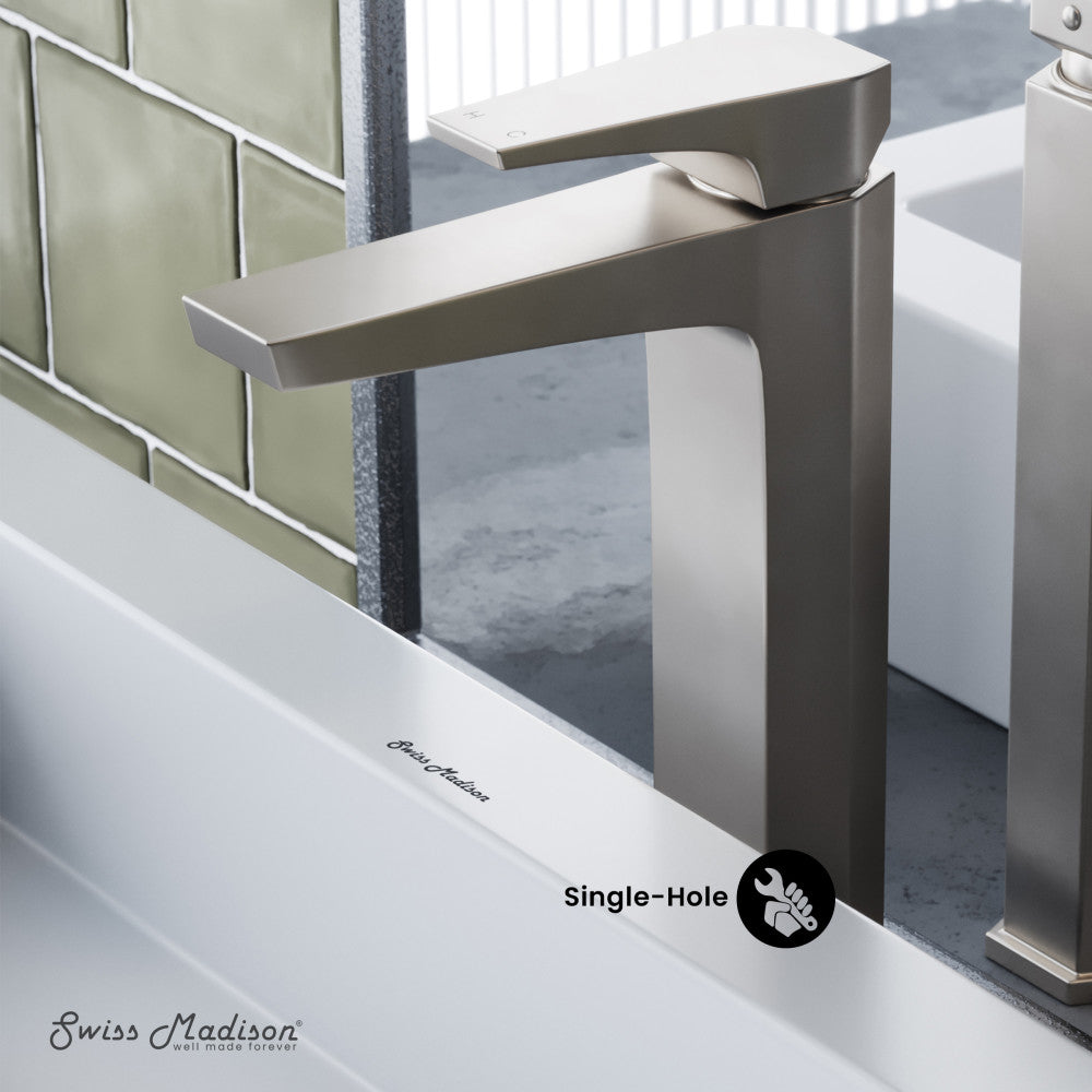 Single-handle bathroom faucet in brushed nickel, high arc, single-hole installation.