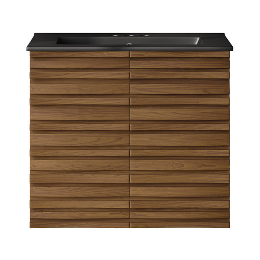Cascade 24" Wall-Mounted Bathroom Vanity in Brown Oak with Black 3-Hole Centerset Sink Top