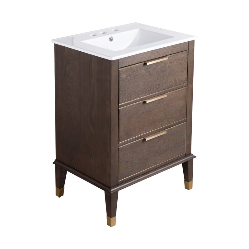 Hugo 24 in. Brown Oak Bathroom Vanity With White, 3-Hole Ceramic Sink Top