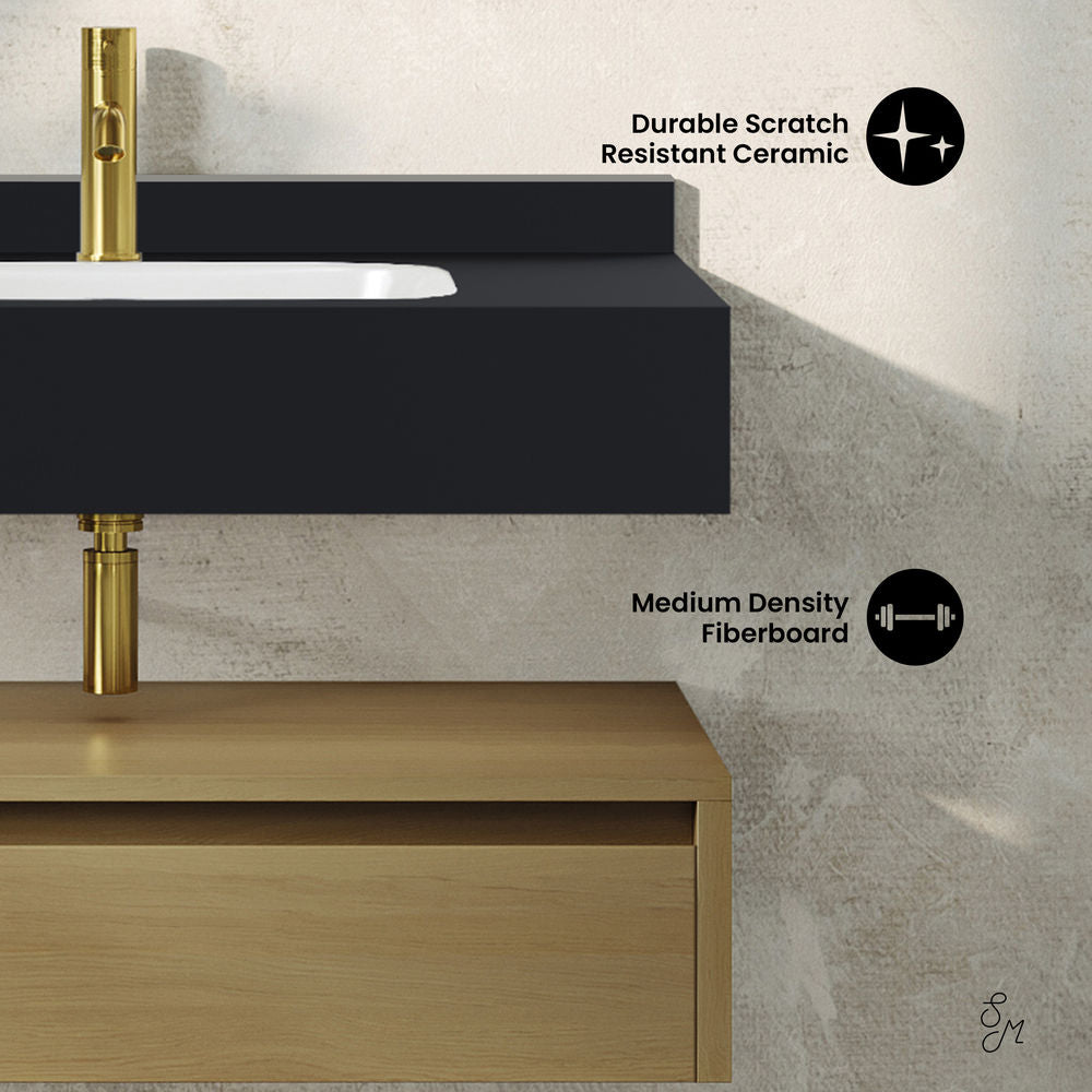 Avancer 36" Wall-Mounted Bathroom Vanity in Natural Oak with Black Marble Sink Top