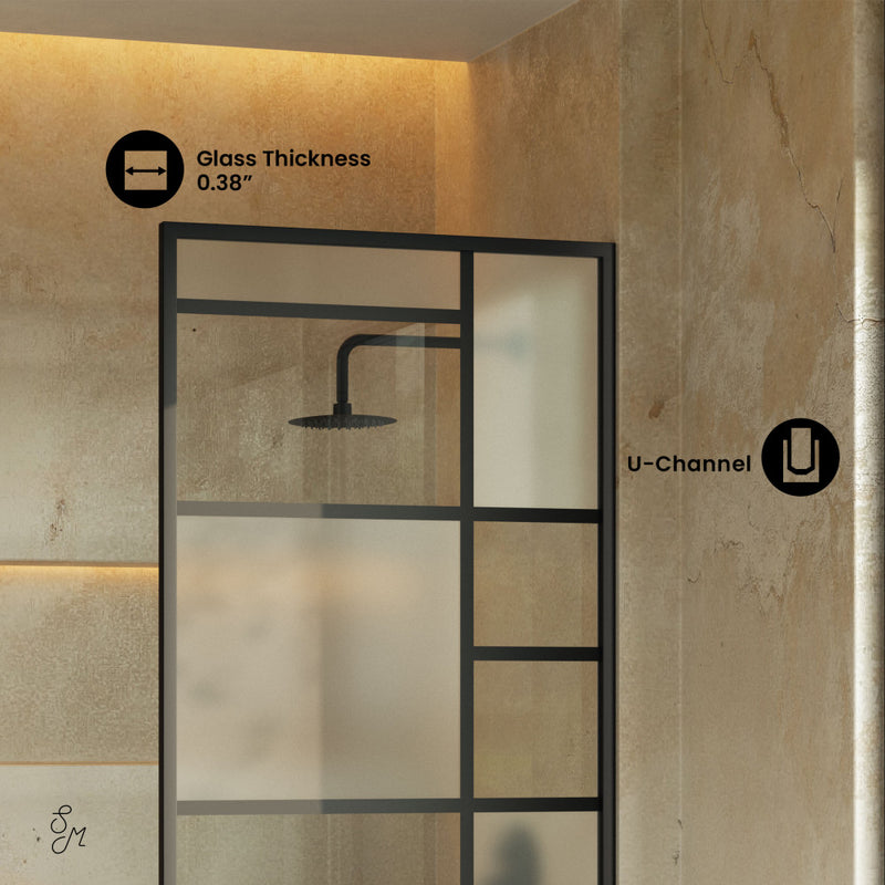 Leiden 34 x 58 Framed Fixed 3/8 in. (10mm) Frosted Tempered Glass Tub Door with Black Matte Frame