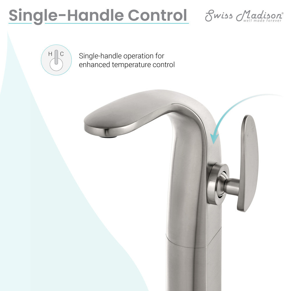 Single-handle high arc bathroom faucet in brushed nickel, single-hole mount.