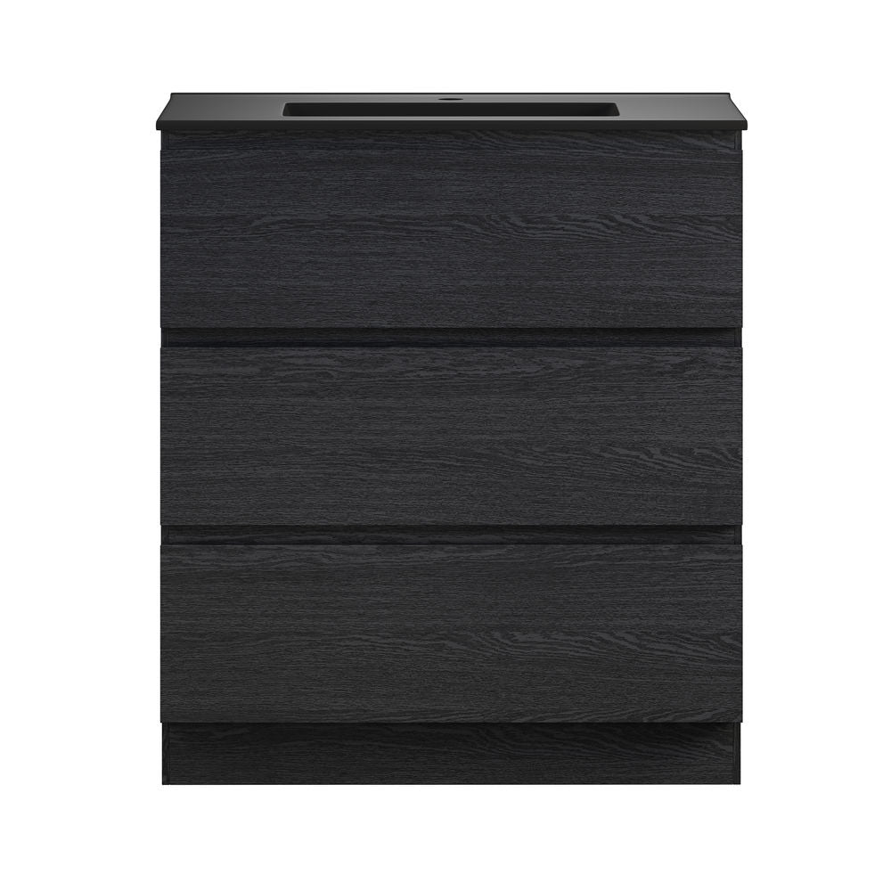 Liberte 30" Freestanding Bathroom Vanity in Black Oak with Black Sink Top