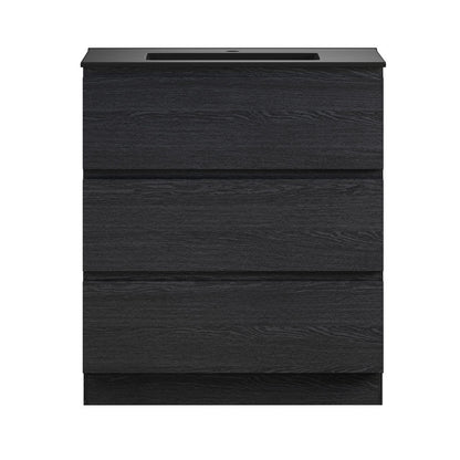 Liberte 30" Freestanding Bathroom Vanity in Black Oak with Black Sink Top