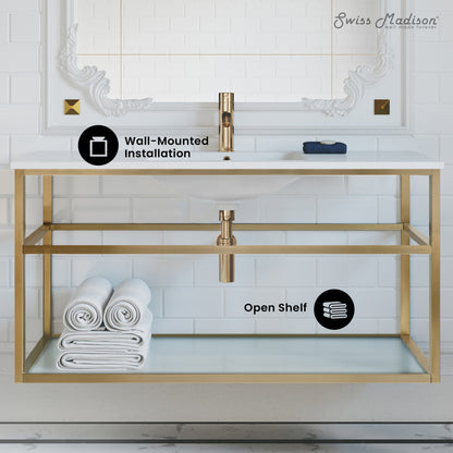 Pierre 48 Single, Open Shelf, Gold Metal Frame Bathroom Vanity