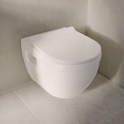 Elongated wall-hung toilet bowl in white with smooth, modern design and concealed mounting hardware.