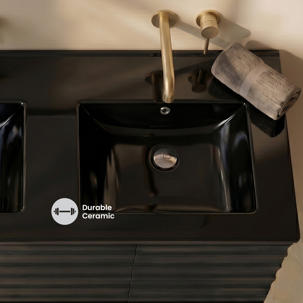 48" Zero Hole Double Basin Vanity Sink Top in Glossy Black