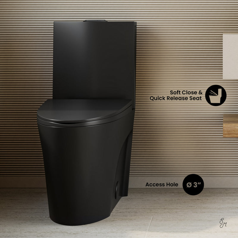 St. Tropez One Piece Elongated Toilet Dual Vortex™ Flush in Matte Black, Black Hardware 1.1/1.6 gpf