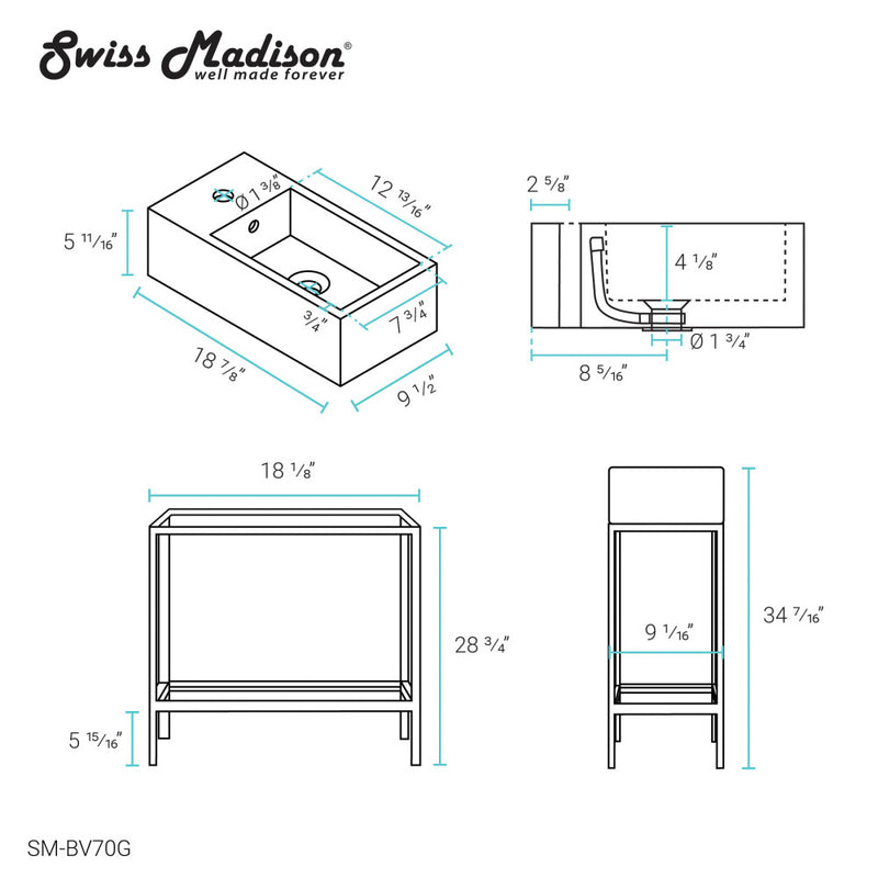 Pierre 19.5 Single, Freestanding, Open Shelf, Gold Metal Frame Bathroom Vanity