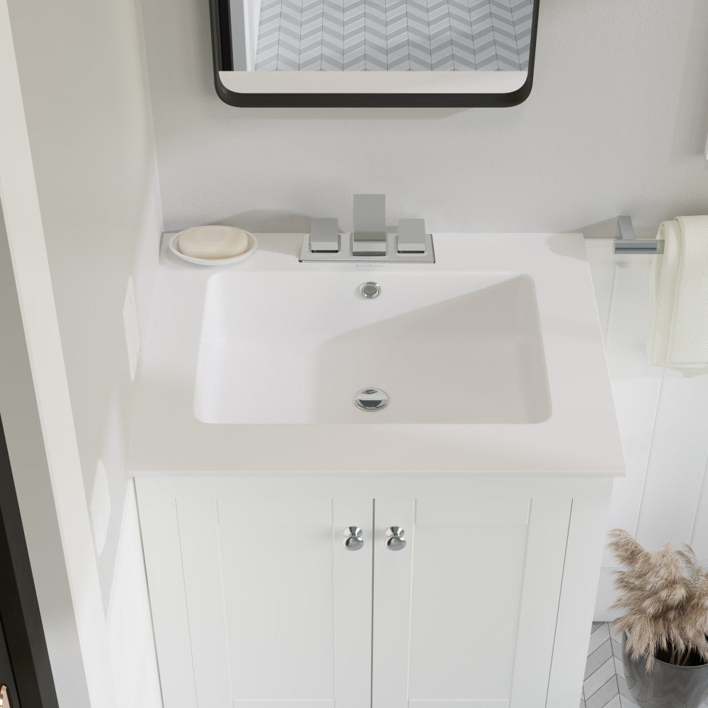 25-inch white vanity top sink with 3 centerset faucet holes and integrated rectangular basin.